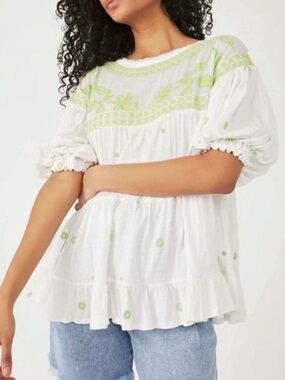 Free People Daisy Daze Blouse White & Green